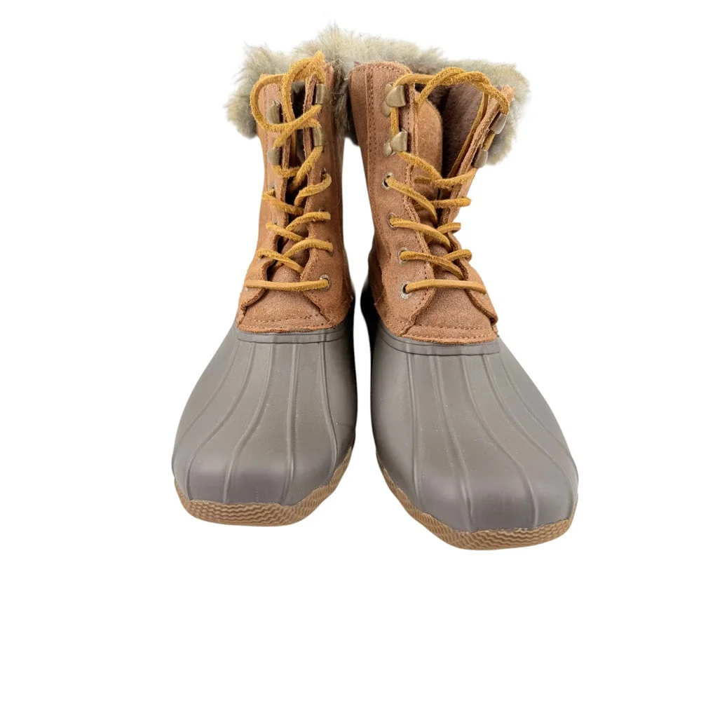 Sperry Top-Sider White Water Duck Winter Boots Brown Faux Fur Lace Up Sz 9M Cozy